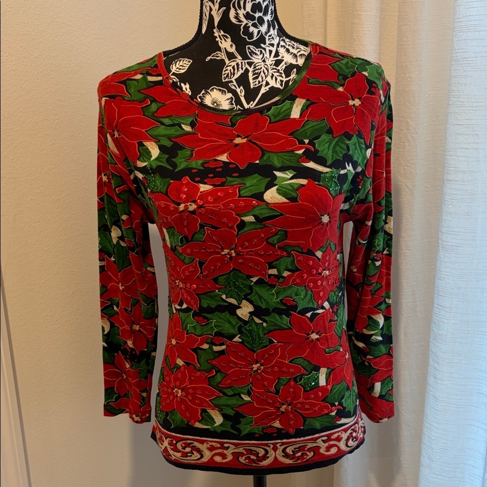 Jane Ashley Red and Green Floral Long Sleeve Top